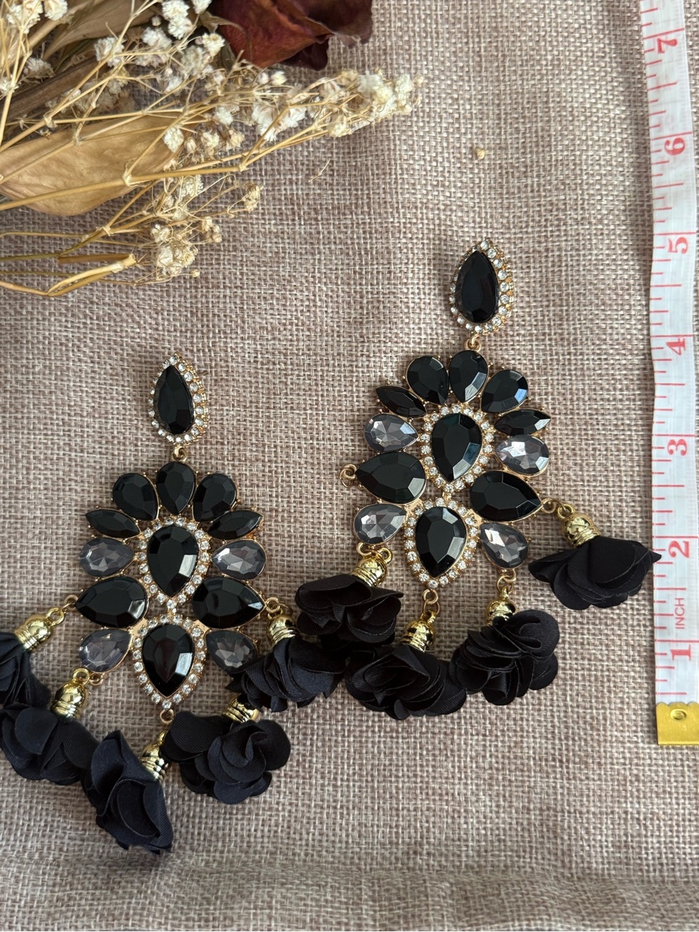Elegant Black Crystal Floral Drop Earrings by